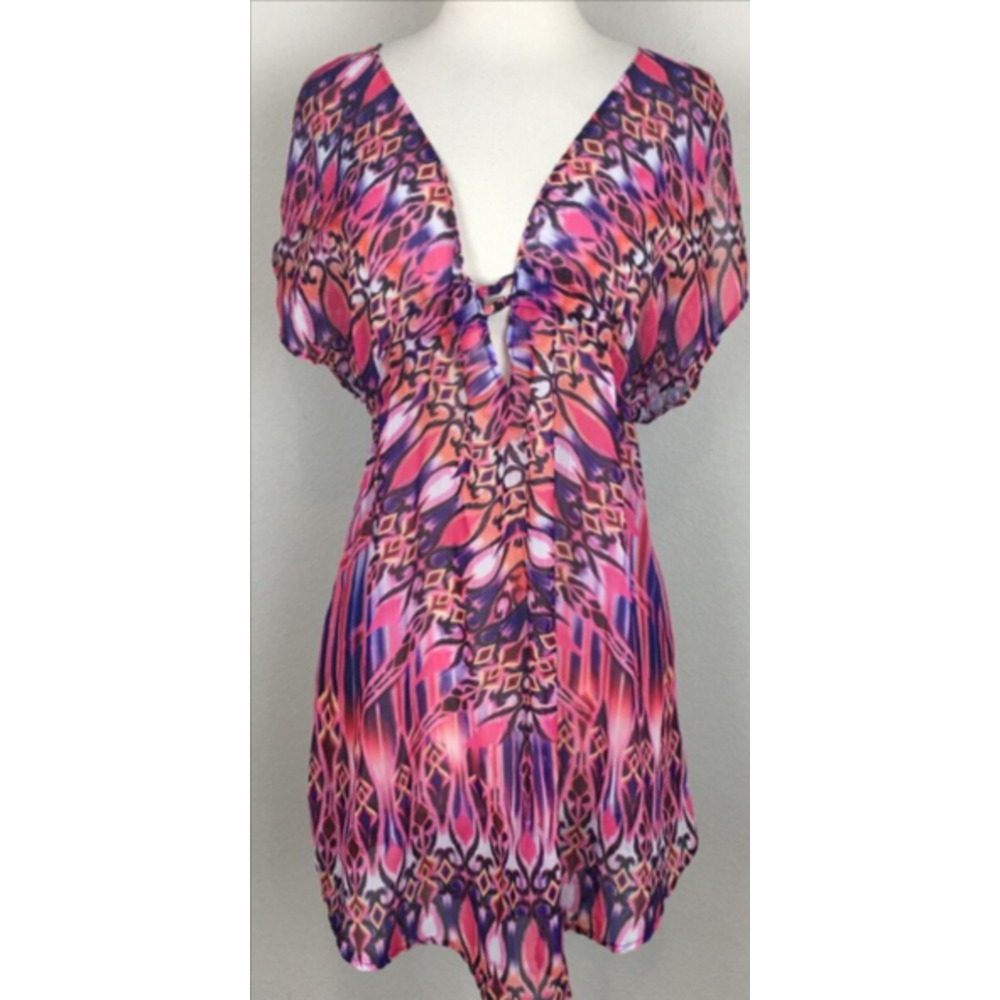 BECCA Vintage Pink Multi Color Print Sheer Swim Cover S/M